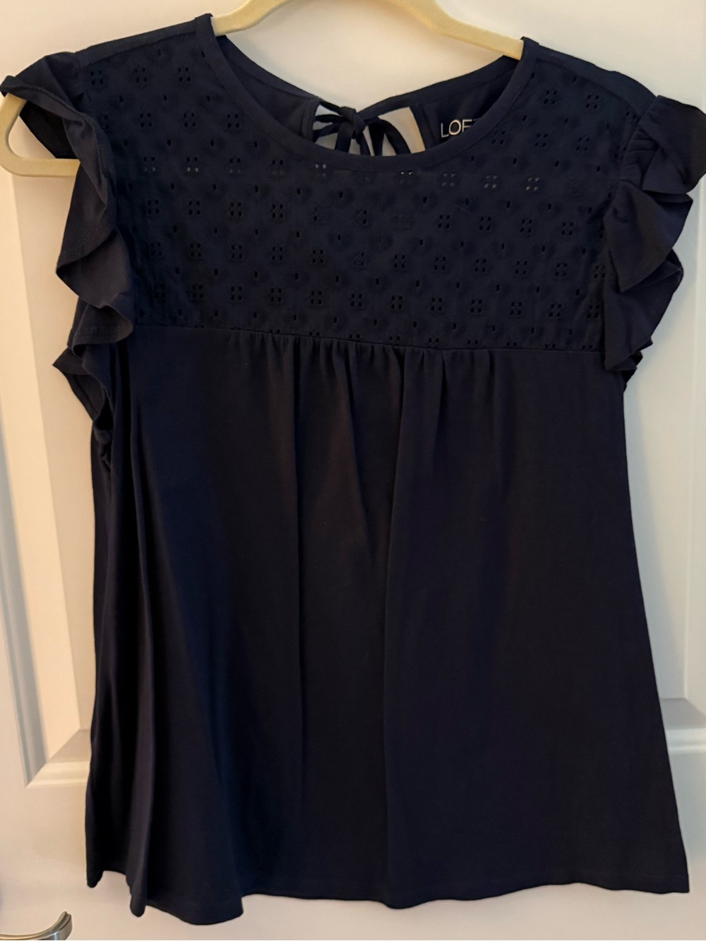 LOFT Navy Eyelet Yoke Ruffle Sleeve Blouse size Medium
